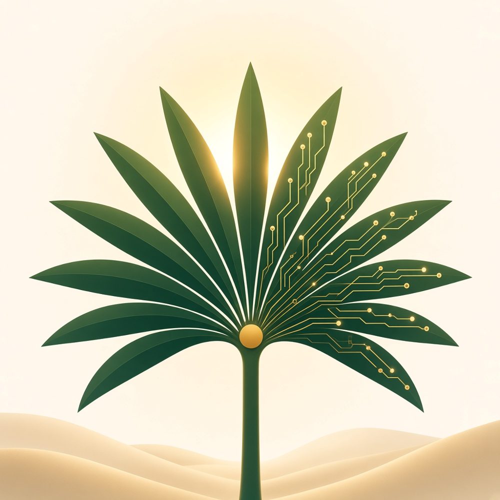 A palmyra palm with circuit lines growing from its leaves