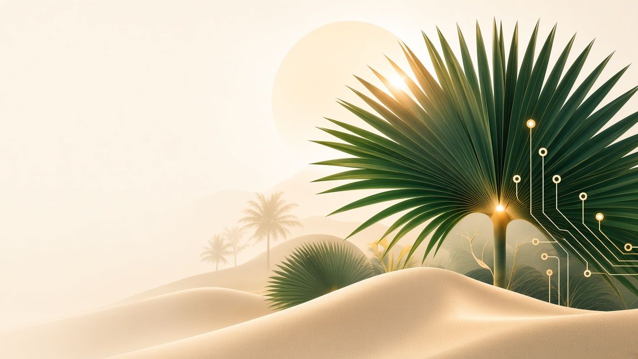 Palmyra palms on a sunlit dune, with circuit lines rising from a young palm